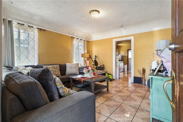 2734 S Redondo Blvd, Los Angeles, CA 90016 - living room featuring a textured ceiling, ornamental molding, and light tile patterned floors