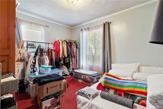 2734 S Redondo Blvd, Los Angeles, CA 90016 - bedroom with ornamental molding, multiple windows, a textured ceiling, and carpet flooring