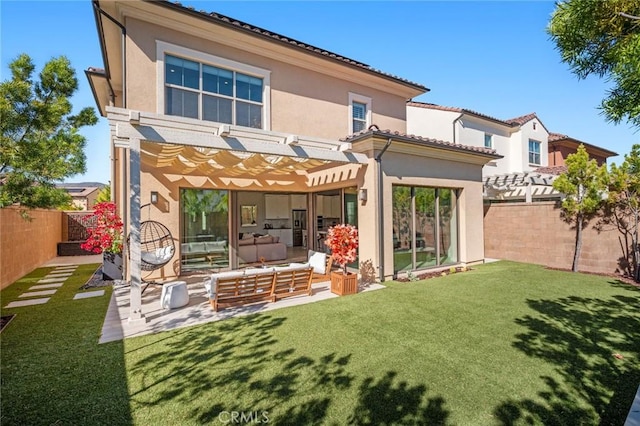 152 Plum Lily, Irvine, CA 92618 - rear view of property with an outdoor living space, a pergola, stucco siding, a fenced backyard, and a patio