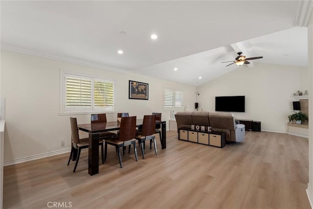 2613 Carnegie Ln # B, Redondo Beach, CA 90278 - dining area featuring light wood-style floors, ceiling fan, vaulted ceiling, and recessed lighting