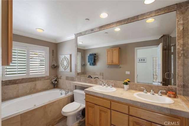 2613 Carnegie Ln # B, Redondo Beach, CA 90278 - full bathroom with a garden tub, double vanity, crown molding, recessed lighting, and a shower with shower door