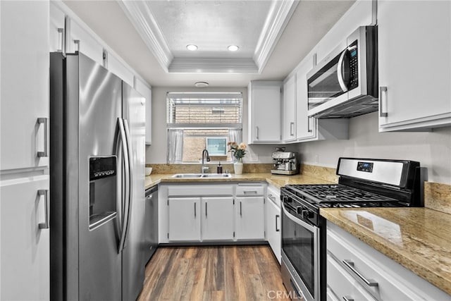 17910 River Cir Unit 1, Canyon Country, CA 91387 - kitchen featuring stainless steel appliances, a raised ceiling, ornamental molding, dark wood-style flooring, and white cabinetry