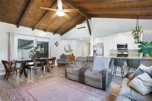 429 S Colfax St, La Habra, CA 90631 - living area with an AC wall unit, a wooden ceiling with exposed beams, wood finished floors, ceiling fan, and high vaulted ceiling