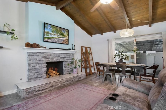 429 S Colfax St, La Habra, CA 90631 - living room featuring wood finished floors, wood ceiling, a fireplace, and ceiling fan
