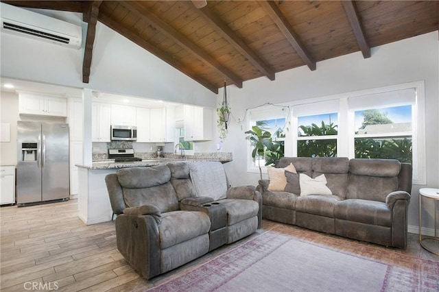 429 S Colfax St, La Habra, CA 90631 - living area featuring a wall mounted air conditioner, light wood finished floors, a wood ceiling with exposed beams, and high vaulted ceiling