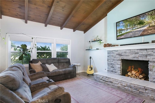 429 S Colfax St, La Habra, CA 90631 - living room with a wood ceiling with exposed beams, a fireplace, wood finished floors, and high vaulted ceiling