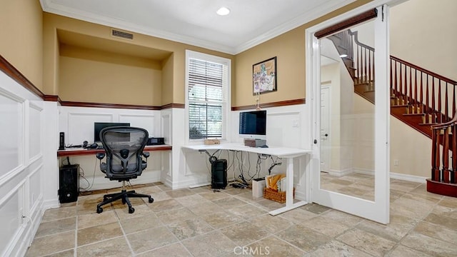 10 Calle Castillo, San Clemente, CA 92673 - home office featuring a decorative wall, stone tile floors, crown molding, and recessed lighting