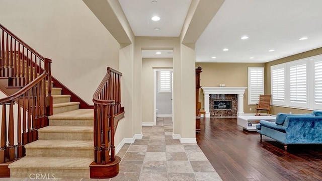 10 Calle Castillo, San Clemente, CA 92673 - foyer with stairway, recessed lighting, a fireplace, and wood finished floors