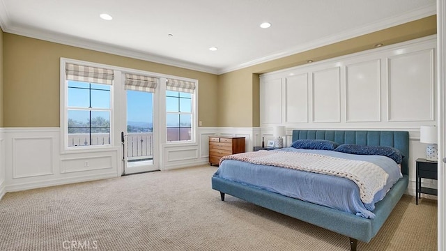 10 Calle Castillo, San Clemente, CA 92673 - bedroom featuring access to outside, a decorative wall, light colored carpet, a wainscoted wall, and ornamental molding