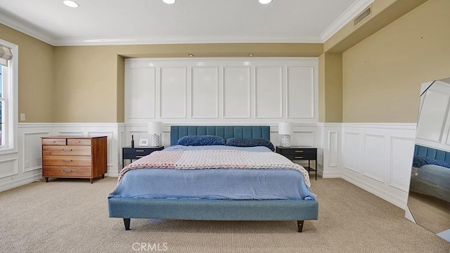 10 Calle Castillo, San Clemente, CA 92673 - bedroom featuring light carpet, a decorative wall, recessed lighting, a wainscoted wall, and crown molding