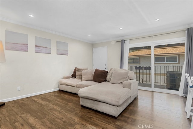 17700 Palo Verde Ave, Cerritos, CA 90703 - living area with ornamental molding, dark wood-style floors, and recessed lighting