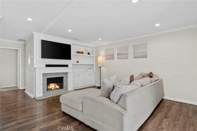 17700 Palo Verde Ave, Cerritos, CA 90703 - living area with ornamental molding, recessed lighting, dark wood-type flooring, and a fireplace