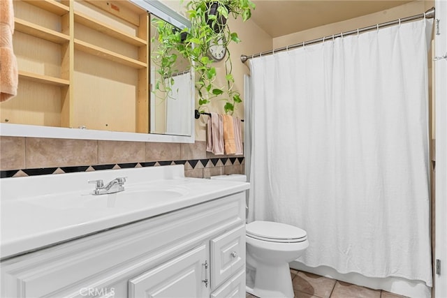 17700 Palo Verde Ave, Cerritos, CA 90703 - full bathroom with tile patterned floors, vanity, tasteful backsplash, and curtained shower