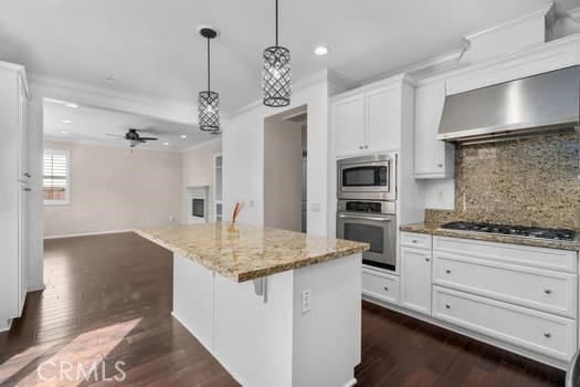 252 W Tulip Tree Ave, Orange, CA 92865 - kitchen with stainless steel appliances, light stone counters, exhaust hood, dark wood finished floors, and recessed lighting