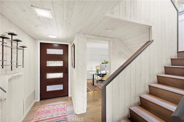 33942 Pequito Dr, Dana Point, CA 92629 - foyer entrance with wooden ceiling, light wood-style flooring, and stairway