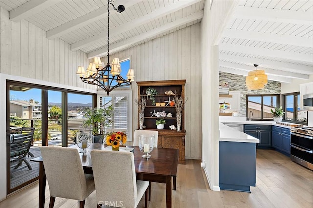33942 Pequito Dr, Dana Point, CA 92629 - dining area with a wood ceiling with exposed beams, plenty of natural light, high vaulted ceiling, a chandelier, and light wood-style floors