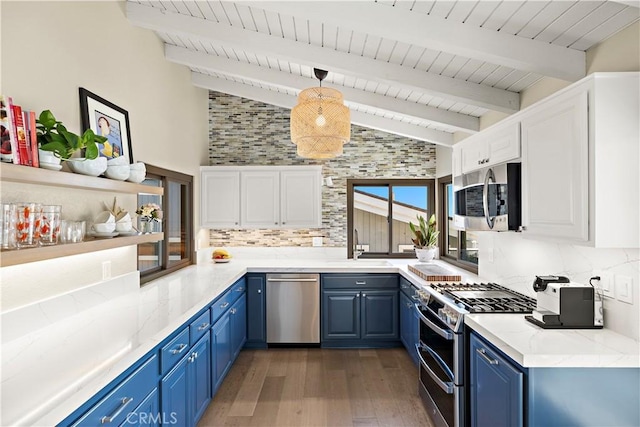 33942 Pequito Dr, Dana Point, CA 92629 - kitchen with stainless steel appliances, blue cabinetry, light wood finished floors, tasteful backsplash, and wooden ceiling