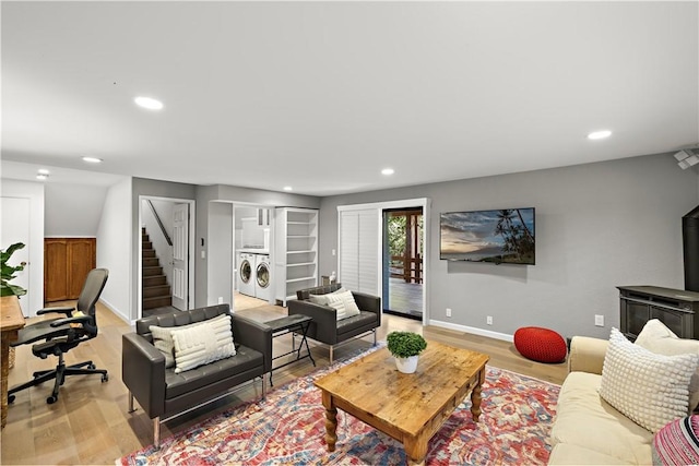 33942 Pequito Dr, Dana Point, CA 92629 - living area featuring separate washer and dryer, stairway, recessed lighting, light wood-style flooring, and an office area