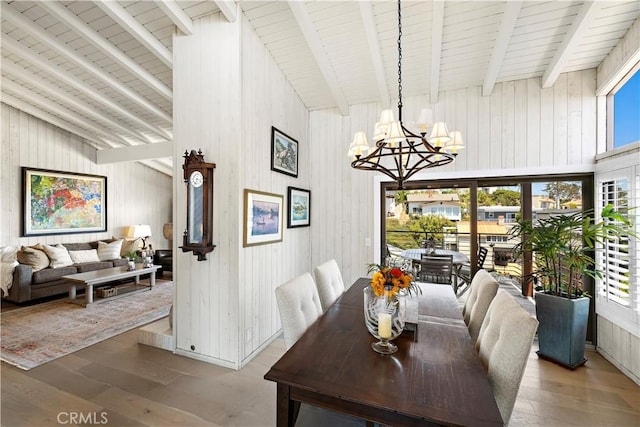 33942 Pequito Dr, Dana Point, CA 92629 - dining space with a chandelier, hardwood / wood-style floors, wooden walls, high vaulted ceiling, and a wooden ceiling with exposed beams