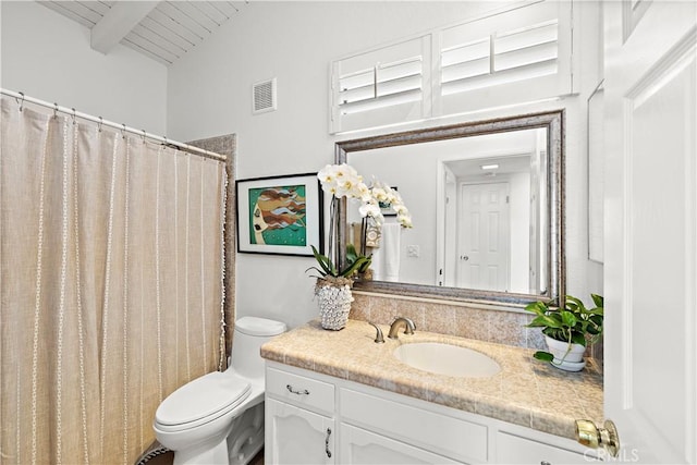 33942 Pequito Dr, Dana Point, CA 92629 - full bathroom with vanity, beamed ceiling, and a shower with shower curtain