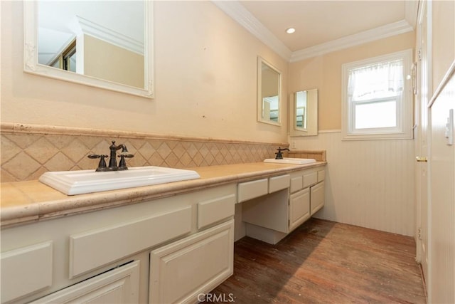27021 Moro Azul, Mission Viejo, CA 92691 - bathroom with double vanity, wood finished floors, ornamental molding, and wainscoting