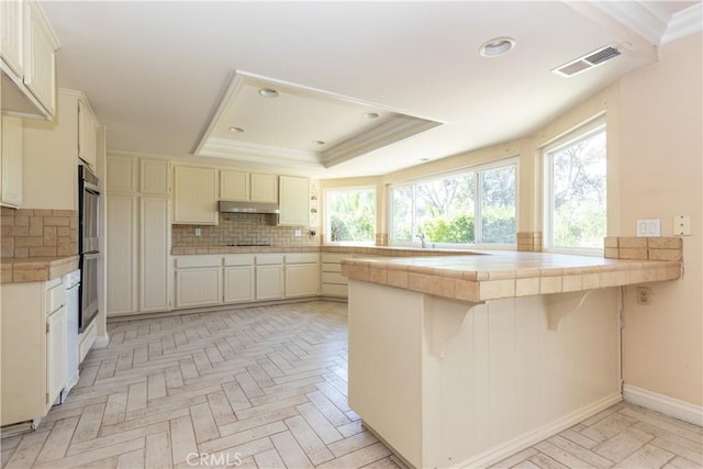 27021 Moro Azul, Mission Viejo, CA 92691 - kitchen with a peninsula, under cabinet range hood, backsplash, recessed lighting, and a tray ceiling