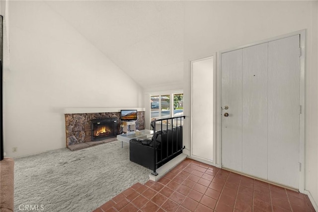 4510 E Hightree Cir, Anaheim, CA 92807 - tiled entryway with a stone fireplace and high vaulted ceiling