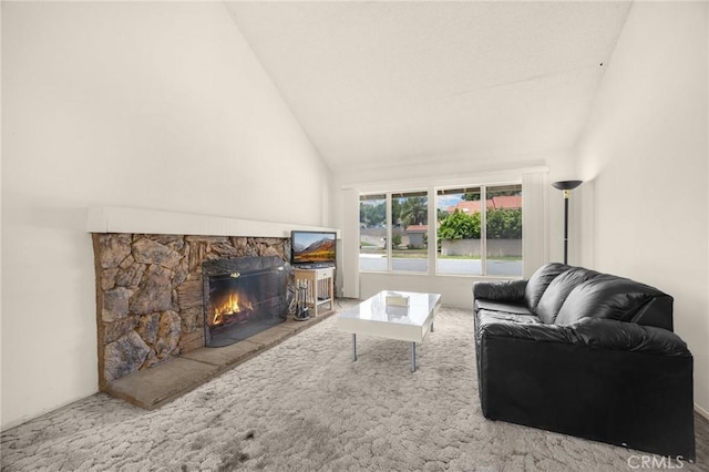 4510 E Hightree Cir, Anaheim, CA 92807 - living room featuring a fireplace, high vaulted ceiling, and carpet flooring