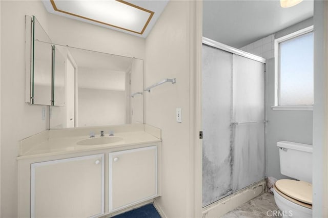 4510 E Hightree Cir, Anaheim, CA 92807 - bathroom featuring vanity, a shower stall, and marble look tile flooring