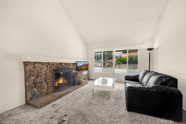 4510 E Hightree Cir, Anaheim, CA 92807 - carpeted living room featuring a fireplace and high vaulted ceiling