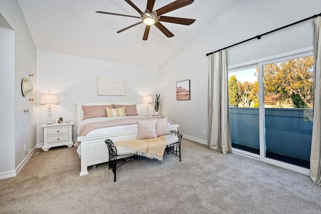 1851 Valencia Ave, Carlsbad, CA 92008 - carpeted bedroom featuring access to exterior, high vaulted ceiling, and a ceiling fan