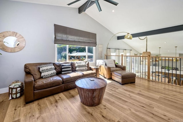 1851 Valencia Ave, Carlsbad, CA 92008 - living area featuring a ceiling fan, beamed ceiling, wood finished floors, high vaulted ceiling, and recessed lighting