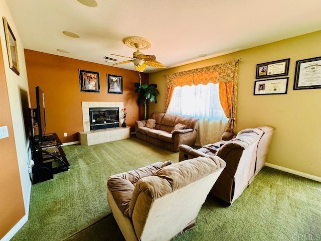 1670 Hillsborough St, Chula Vista, CA 91913 - living area featuring carpet flooring, a fireplace, and ceiling fan