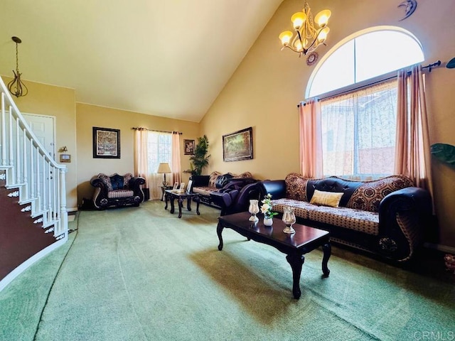 1670 Hillsborough St, Chula Vista, CA 91913 - living room with carpet flooring, high vaulted ceiling, a chandelier, and stairway