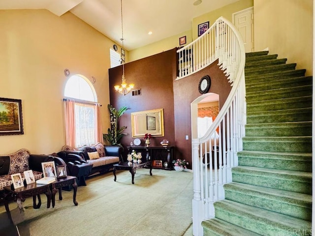 1670 Hillsborough St, Chula Vista, CA 91913 - carpeted living area featuring stairs, a towering ceiling, a chandelier, and arched walkways