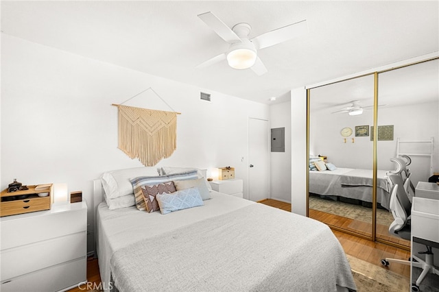 1105 W Calle De La Luna Unit 4, Azusa, CA 91702 - bedroom with wood finished floors, ceiling fan, and electric panel
