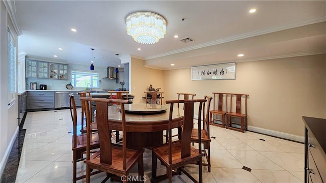 1018 Palm Ave, San Gabriel, CA 91776 - dining area featuring light tile patterned flooring, recessed lighting, a chandelier, and ornamental molding