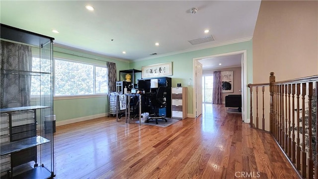 1018 Palm Ave, San Gabriel, CA 91776 - office space featuring crown molding, plenty of natural light, wood finished floors, and recessed lighting