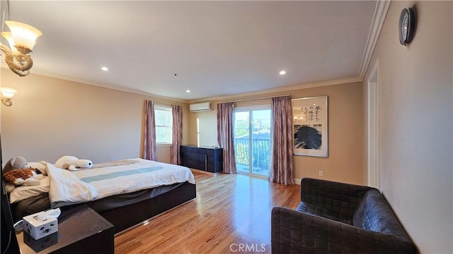 1018 Palm Ave, San Gabriel, CA 91776 - bedroom with ornamental molding, access to outside, a wall unit AC, light wood-style flooring, and recessed lighting