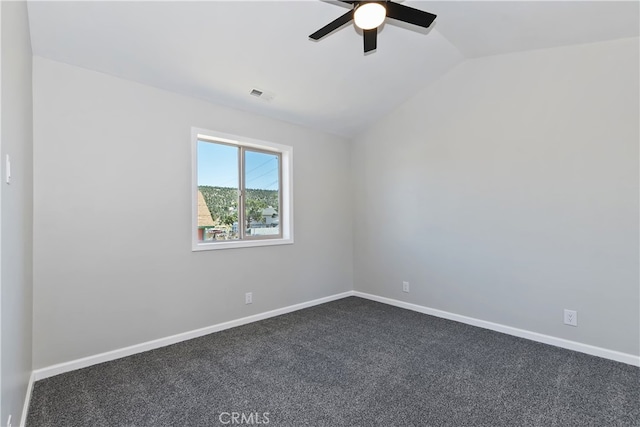 2217 Juniper Ln, Big Bear City, CA 92314 - spare room featuring a ceiling fan, lofted ceiling, and dark colored carpet