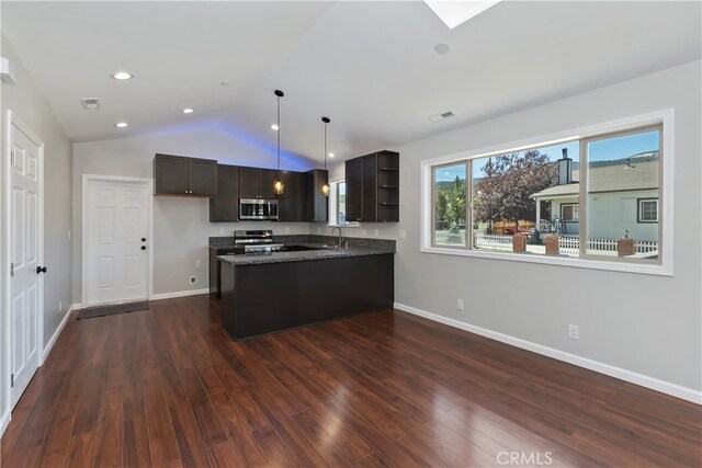 2217 Juniper Ln, Big Bear City, CA 92314 - kitchen featuring open shelves, appliances with stainless steel finishes, dark wood finished floors, a peninsula, and lofted ceiling