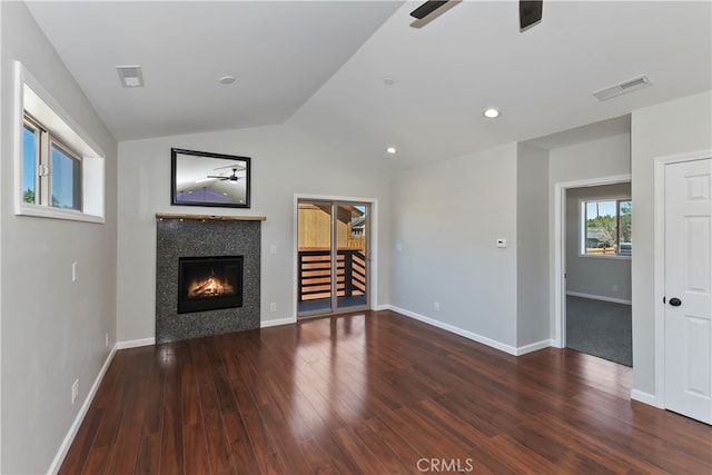 2217 Juniper Ln, Big Bear City, CA 92314 - unfurnished living room with a tile fireplace, vaulted ceiling, wood finished floors, a ceiling fan, and recessed lighting