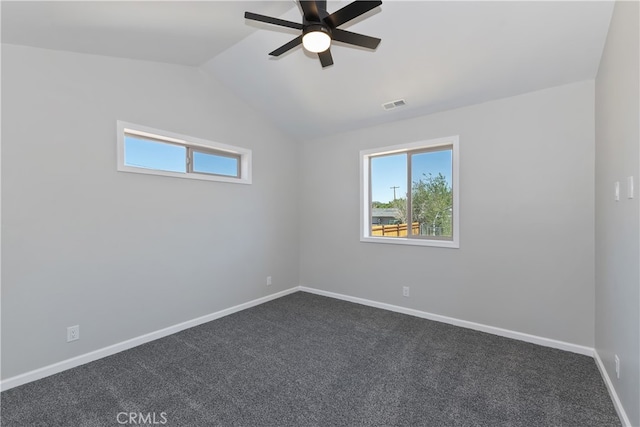 2217 Juniper Ln, Big Bear City, CA 92314 - spare room with ceiling fan, dark carpet, and lofted ceiling