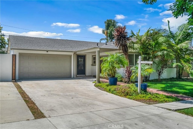 3531 Josie Ave, Long Beach, CA 90808 - ranch-style house featuring stucco siding, an attached garage, driveway, and a shingled roof