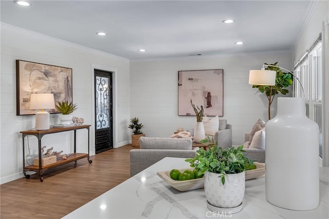 3531 Josie Ave, Long Beach, CA 90808 - living room with crown molding, wood finished floors, and recessed lighting