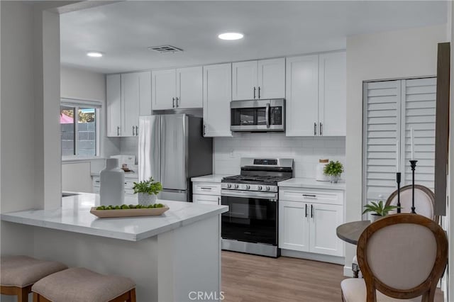 3531 Josie Ave, Long Beach, CA 90808 - kitchen with appliances with stainless steel finishes, a kitchen bar, white cabinets, decorative backsplash, and recessed lighting