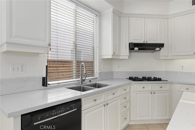 28403 Calex Dr, Valencia, CA 91354 - kitchen featuring under cabinet range hood, black appliances, white cabinetry, light stone counters, and light tile patterned floors