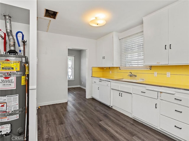 2623 N Parish Pl, Burbank, CA 91504 - kitchen with white dishwasher, secured water heater, dark wood-style floors, tasteful backsplash, and white cabinets