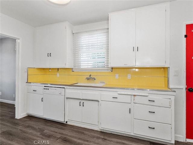 2623 N Parish Pl, Burbank, CA 91504 - kitchen featuring dishwasher, light countertops, dark wood-style flooring, white cabinets, and backsplash