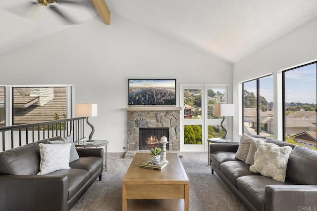 1471 Mercado, Escondido, CA 92026 - carpeted living area with high vaulted ceiling, a stone fireplace, and beamed ceiling